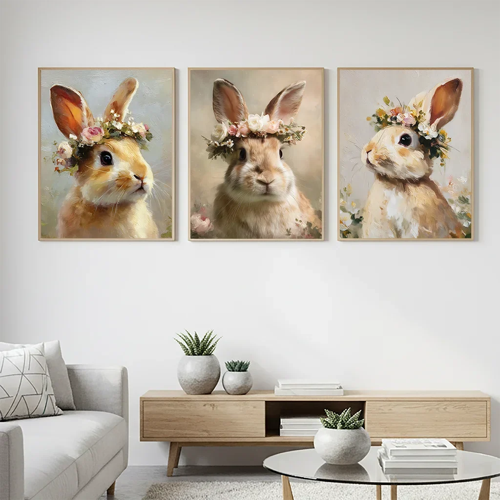 Vintage Floral Rabbit Canvas Wall Art | Bunny Flower Crown Print
