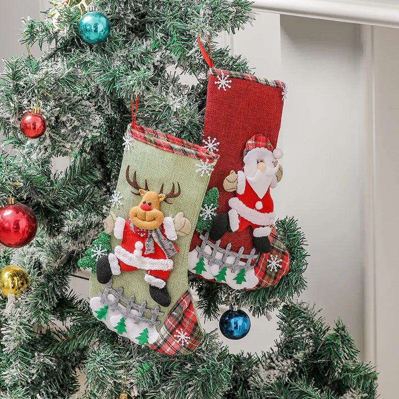 Linen Large Christmas Stocking Fence Bag Tree Hanging Ornaments Candy