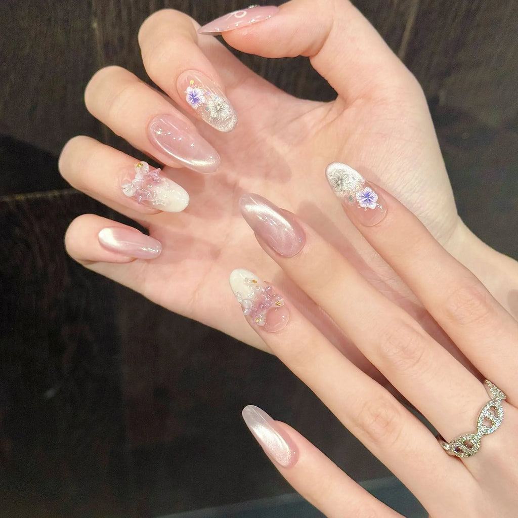 Pink Cat Eye Press On Nails | 3D Bow Korean False Nails 10pcs
