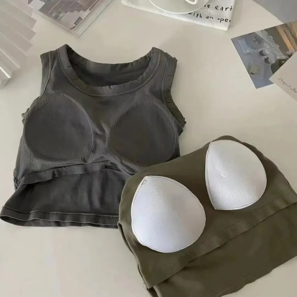 Women's Padded Crop Tank Top | U-Neck Bra Vest, Black & White
