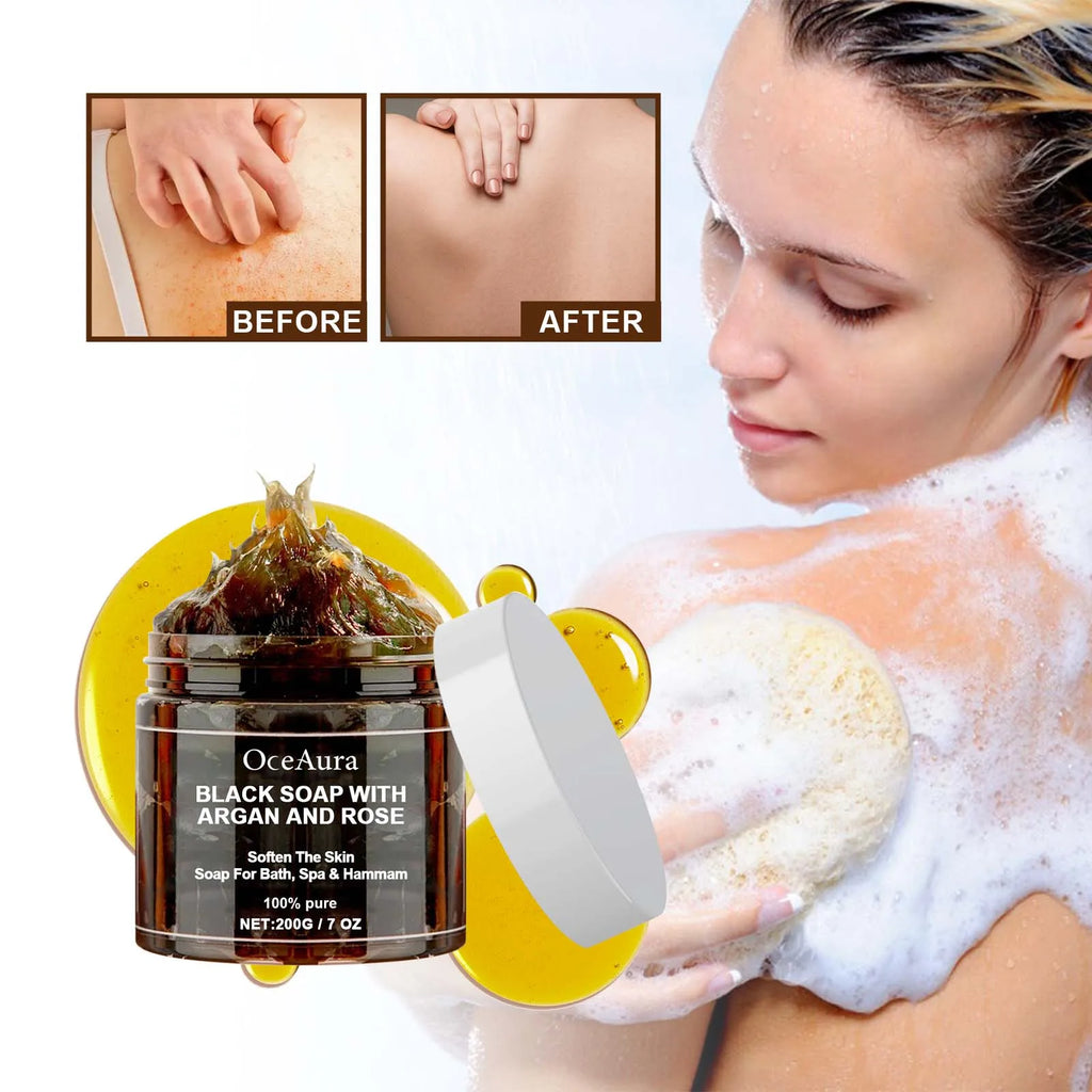 OCEAURA Black Beldi Soap Argan & Rose Body Scrub 200g