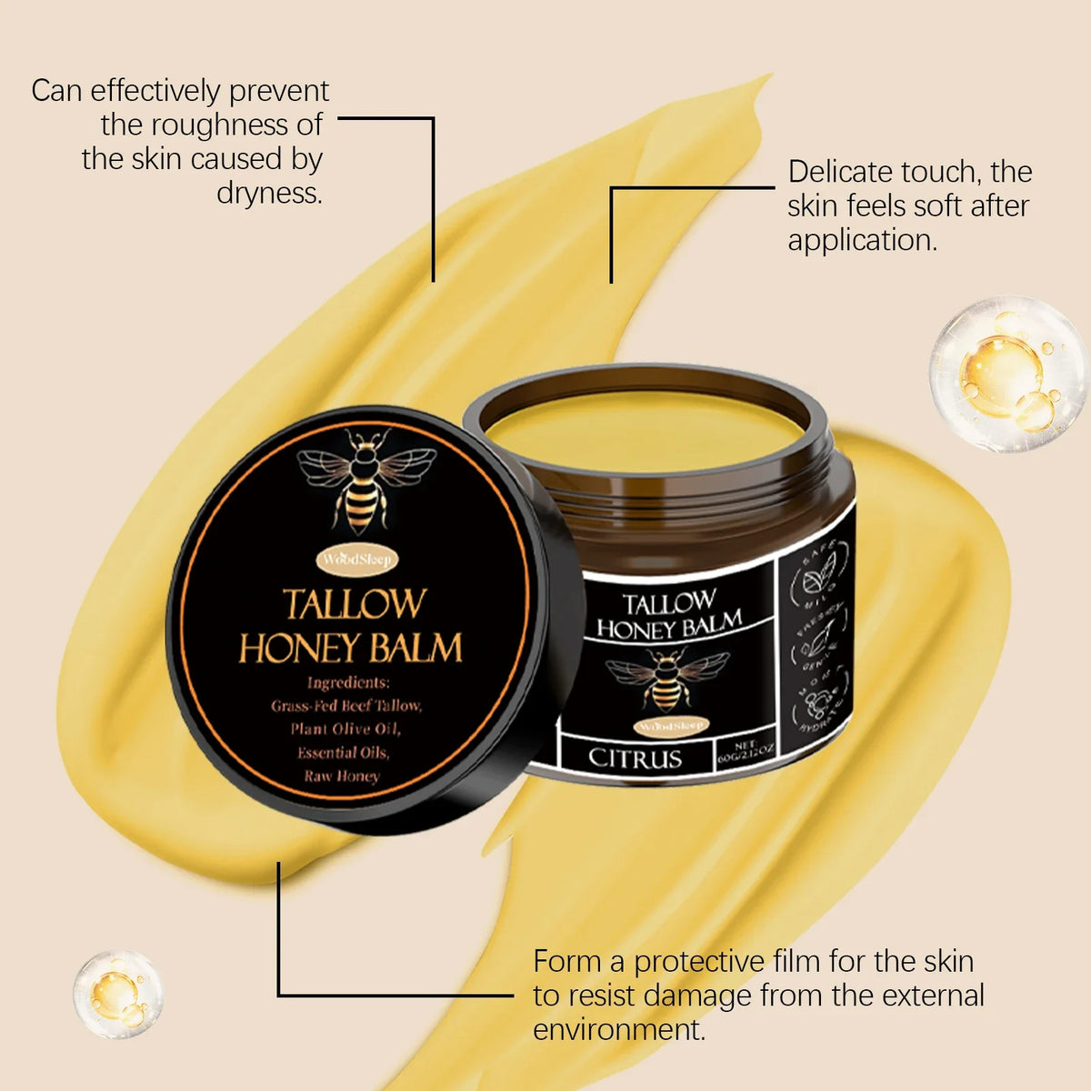 WoodSleep Tallow Honey Balm – Whipped Body Butter 60g
