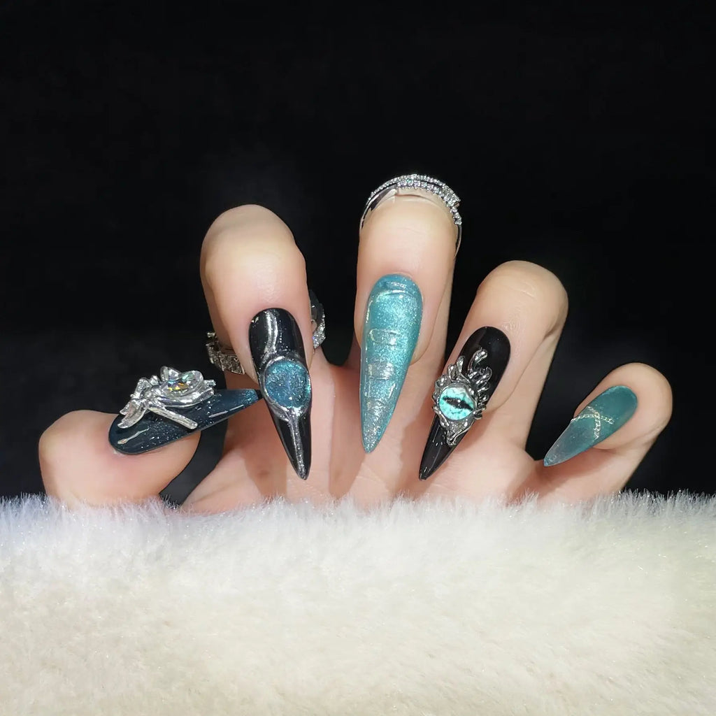 3D Spider Crystal Press-On Nails | Blue Cat Eye Gothic 10pcs