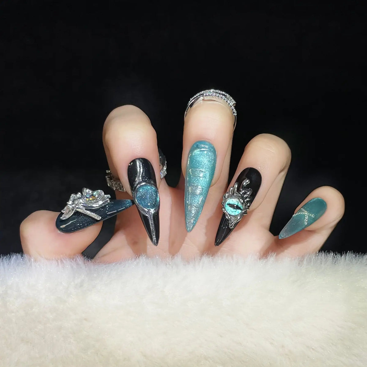 3D Spider Crystal Press-On Nails | Blue Cat Eye Gothic 10pcs