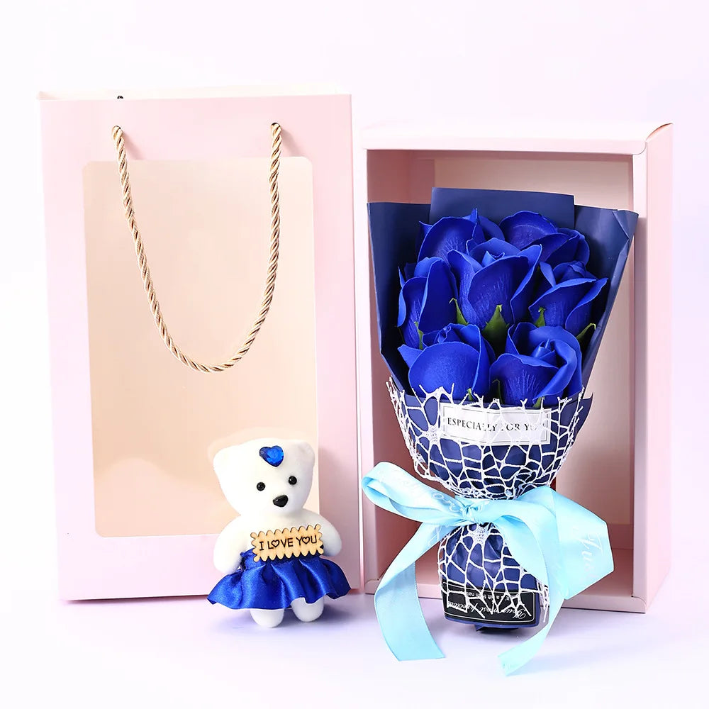 Romantic Fake Rose Bouquet Box Cute Teddy Bear Premium Soap Flower