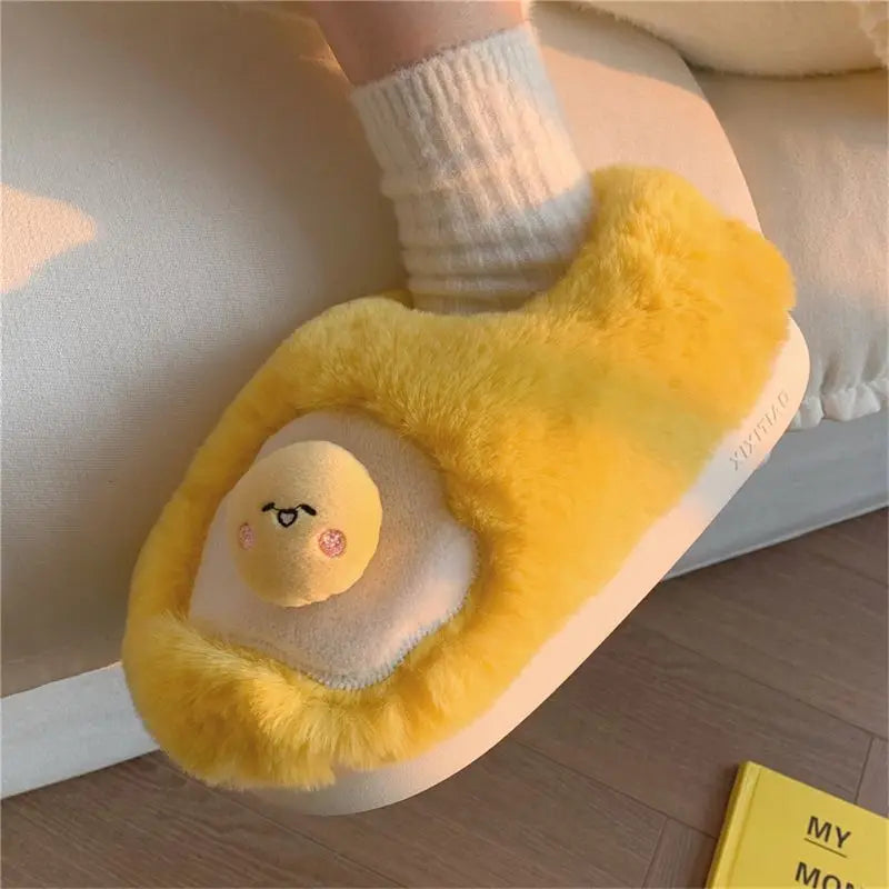 Fried Egg Plush Slippers – Novelty Fleece Indoor Slides Women