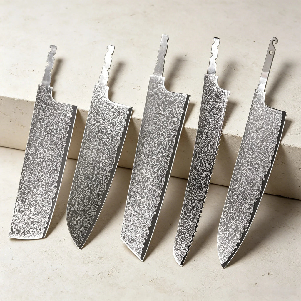 Damascus Steel Chef Knife Blade Set – No Handle, 1–5 Pcs