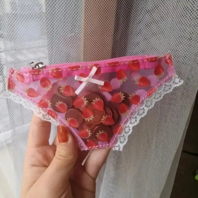 Cute Lace Mini Coin Purse – Strawberry PVC Zipper Novelty Bag