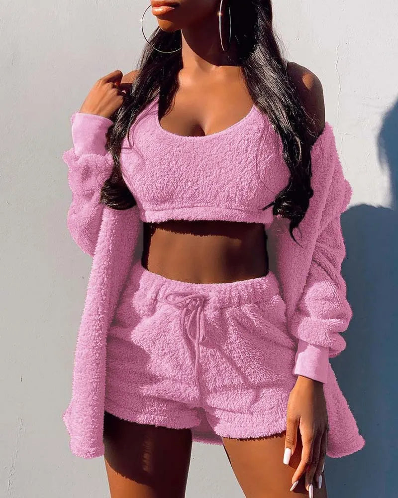 Women's 3-Piece Velvet Fleece Pajamas Set – Crop Top Shorts Coat