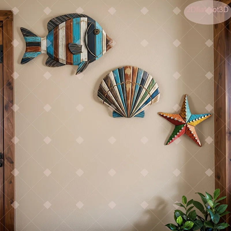 3-Piece Wooden Ocean Art – Fish Shell Starfish Farmhouse Decor
