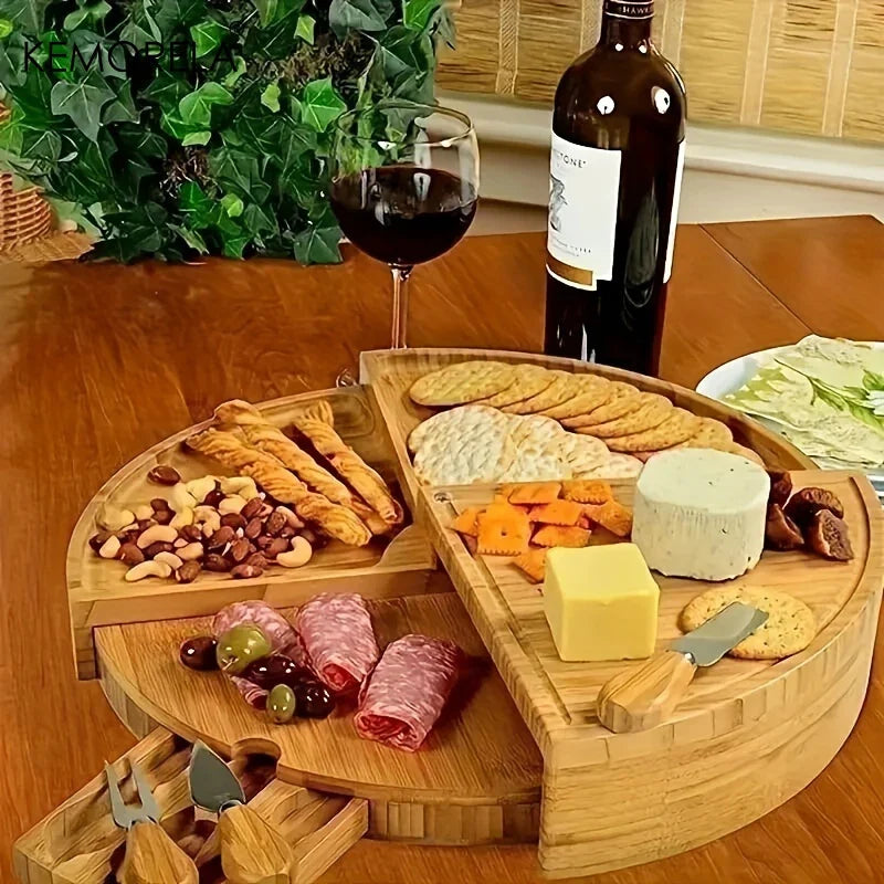 KEMORELA Wooden Cheese Board Set with Drawer & Cutlery Tools