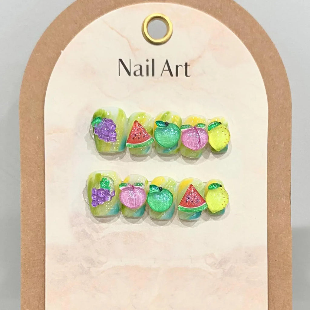 Handmade Summer Fruit Press-On Nails | Grapes Peaches 10pcs