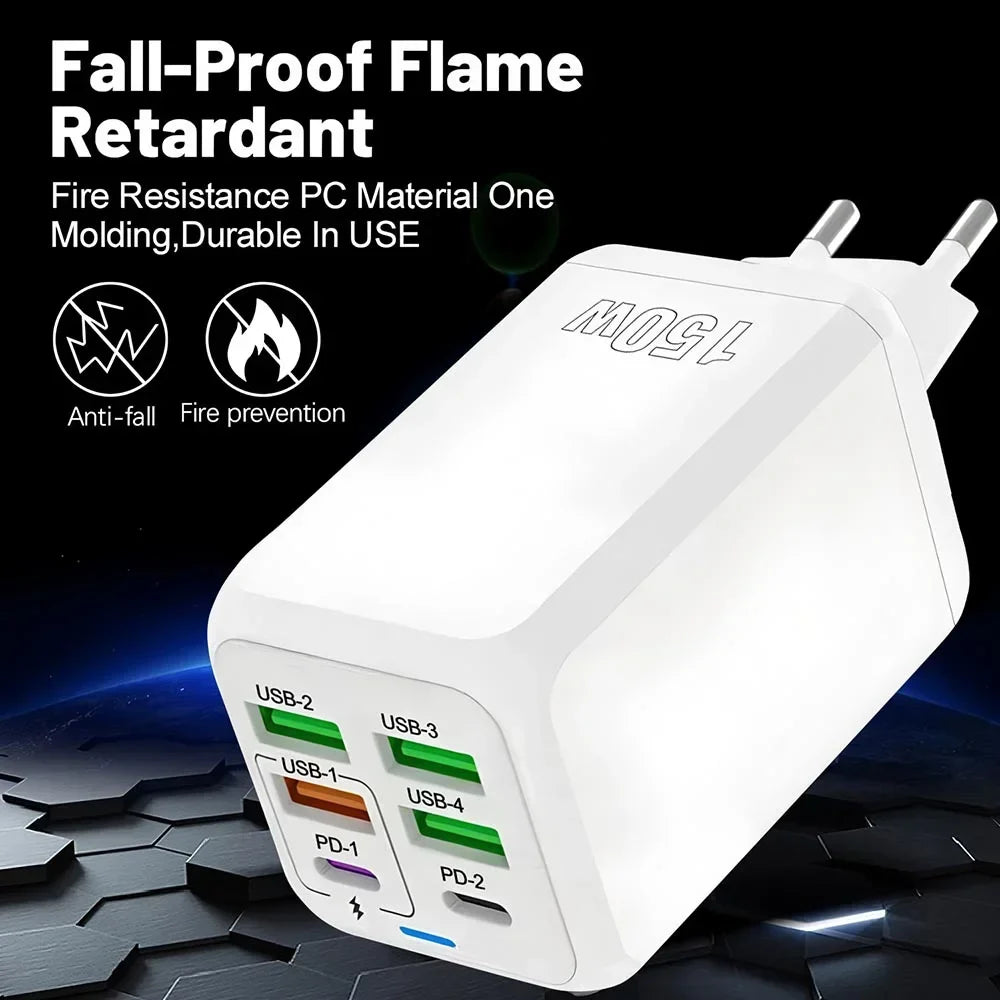 150W 6-Port USB-C Wall Charger | PD QC 3.0 Fast Charging