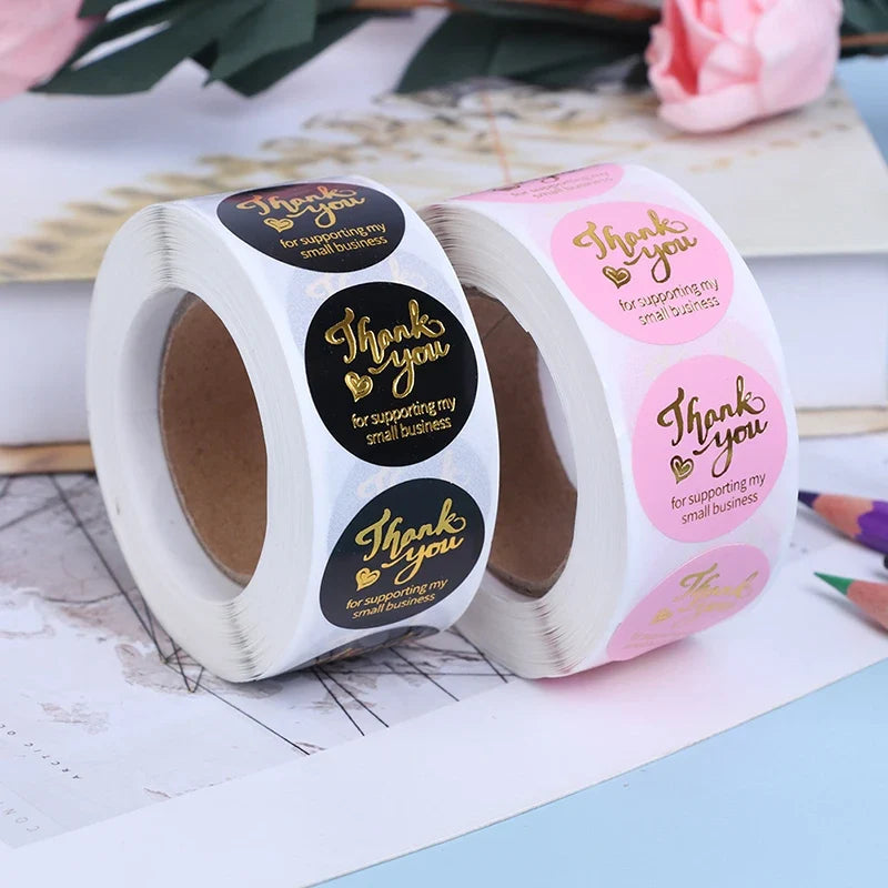 500 Round Thank You Stickers – Hot Stamp Pink & Black Labels