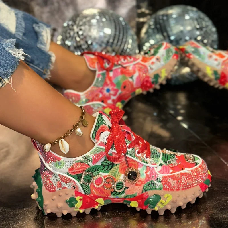 Women's Diamond Luxury Dad Sneakers – Low-Top Casual Shoes