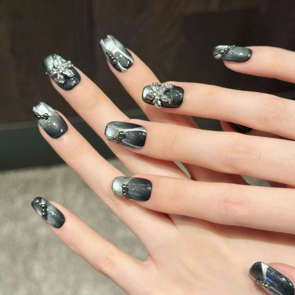 10pcs Cat's Eye Press-On Nails Y2K Silver Punk Ballet | YADORNOS