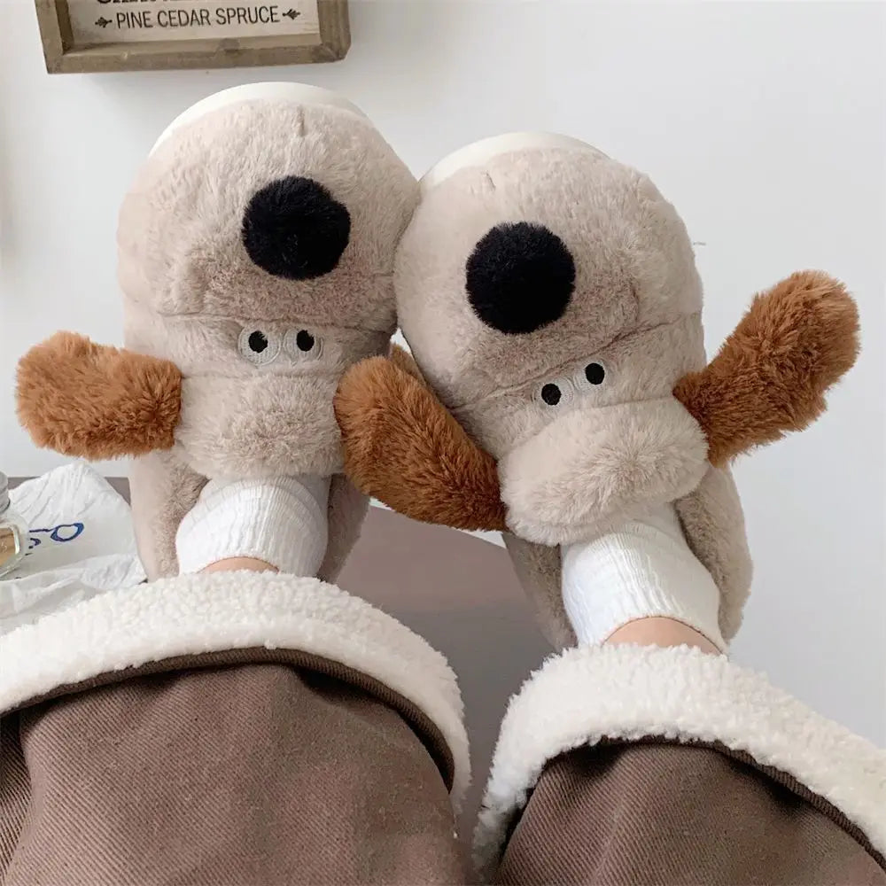Fluffy Dog Slippers – Warm Furry Animal Slide Shoes for Women