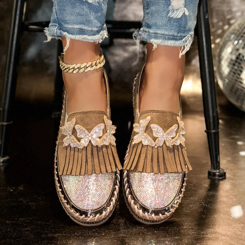 Women's Rhinestone Loafers – Cow Suede Slip-On Flat Shoes