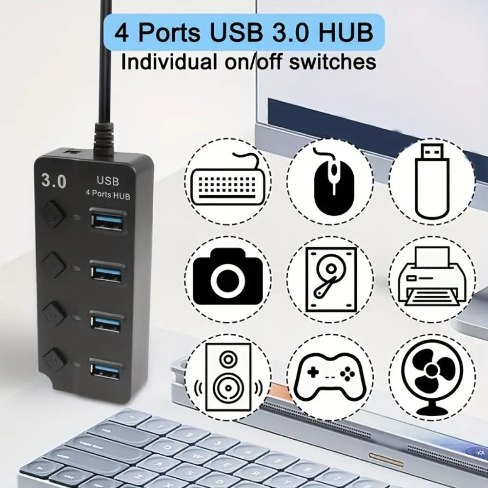4-Port USB 3.0 Hub 5Gbps with Switch & Long Cable