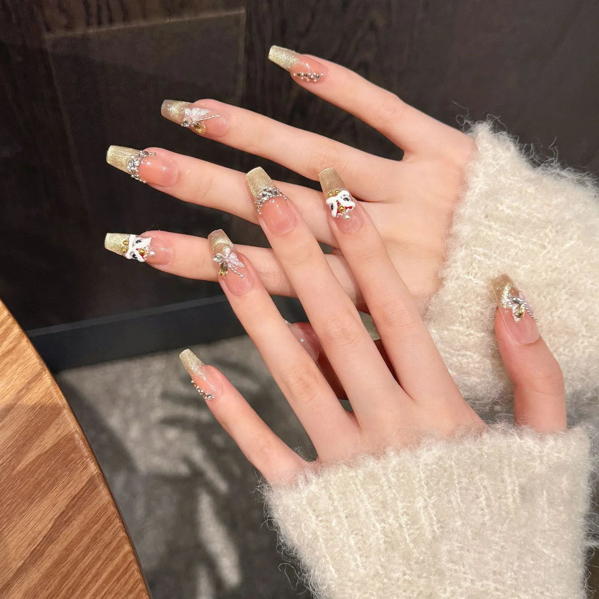 3D Lion Pearl Press On Nails | Cat's Eye Almond False Nails