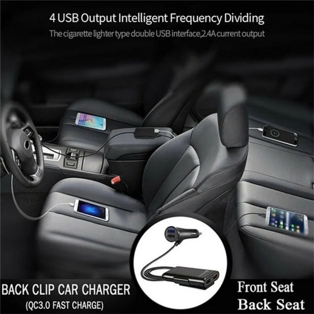 4-Port USB Car Charger QC3.0 Fast Charging – Front & Back Seat