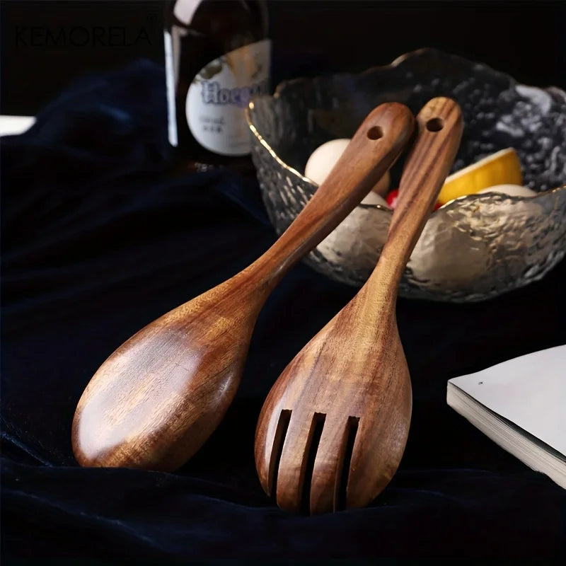 KEMORELA Acacia Wood Salad Servers – Long Handle Spoon & Fork