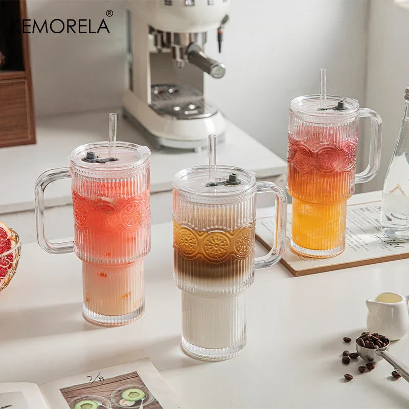 KEMORELA 750ml Sunflower Glass Tumbler with Lid & Straw