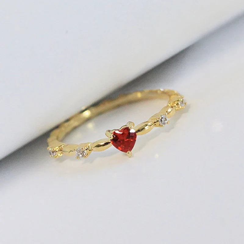 Huitan Red Heart CZ Ring – Gold Wedding Band for Women