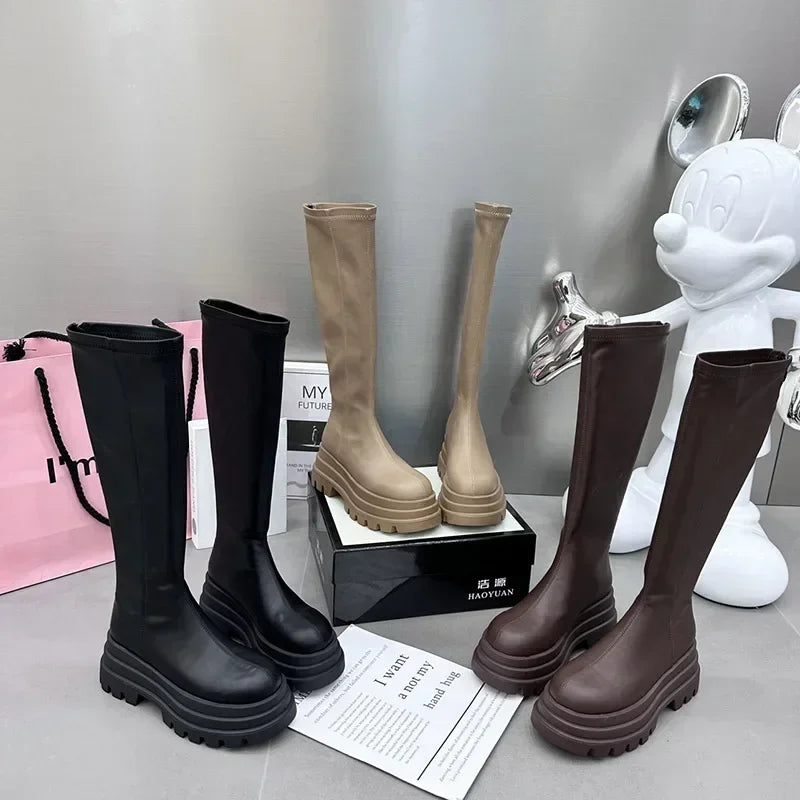 Women's Winter Knee-High Platform Boots – Back Zip Plush Lined