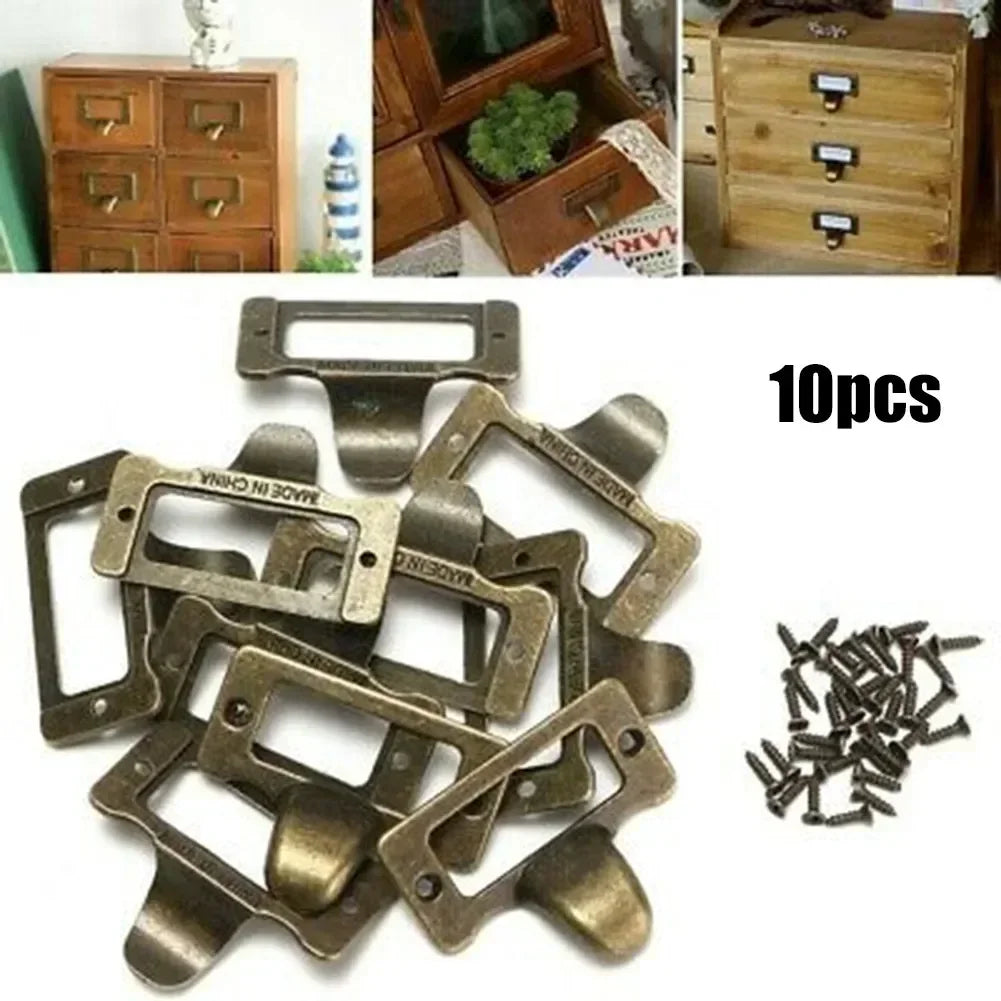 10-Pack Antique Brass Label Pulls 48x35mm | Cabinet Name Card Holders