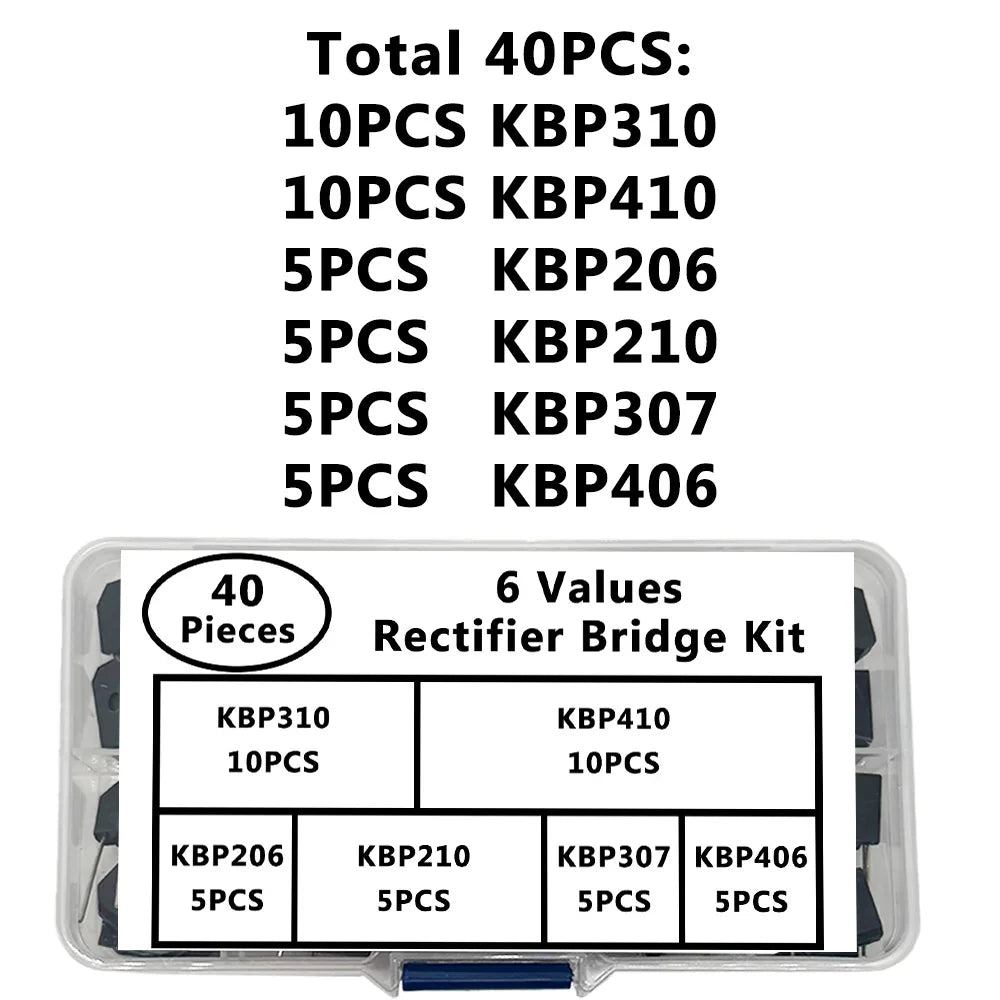 40-Piece KBP Rectifier Bridge Kit – 6 Values with Storage Box