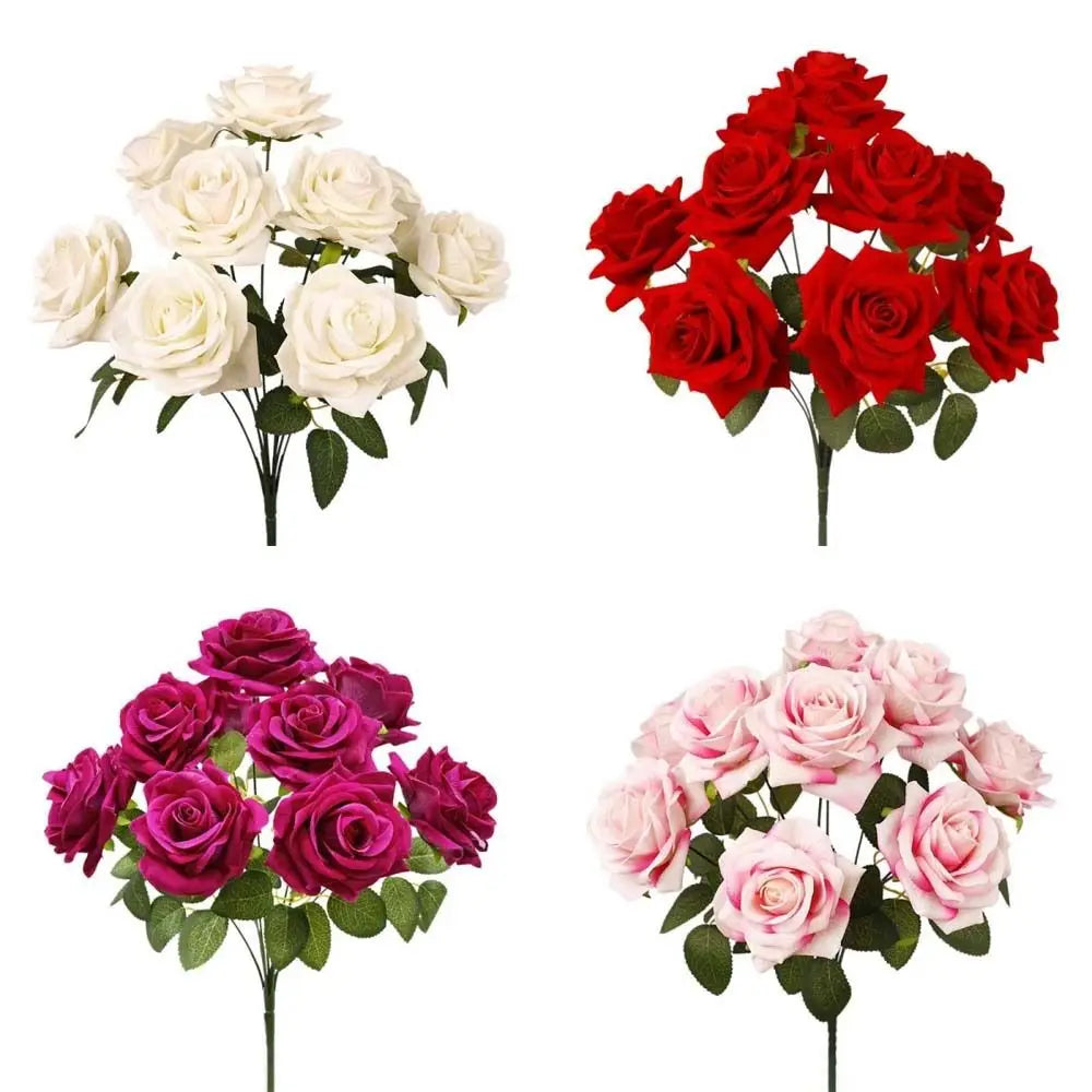 9-Head Artificial Rose Flower Branch | Real Touch Faux Roses