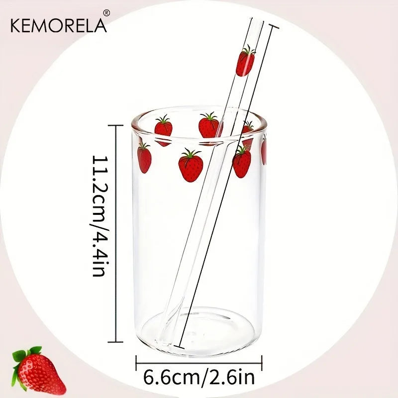 Cute Strawberry Glass Cup with Straw 300ml | KEMORELA Mug