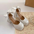 Women's Platform Mary Jane Pumps – Satin Bow & Rhinestone
