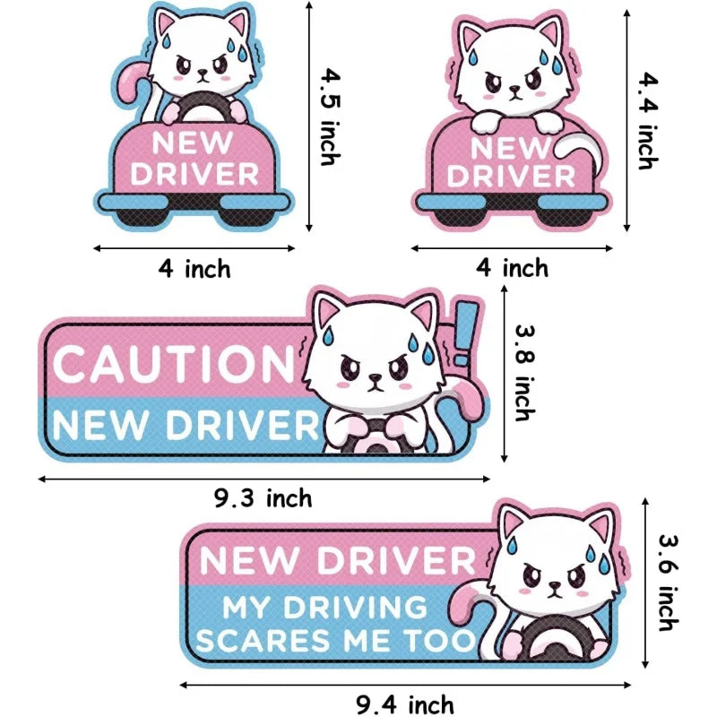 4-Pack Cartoon Cat New Driver Car Magnets | Reflective Safety Signs