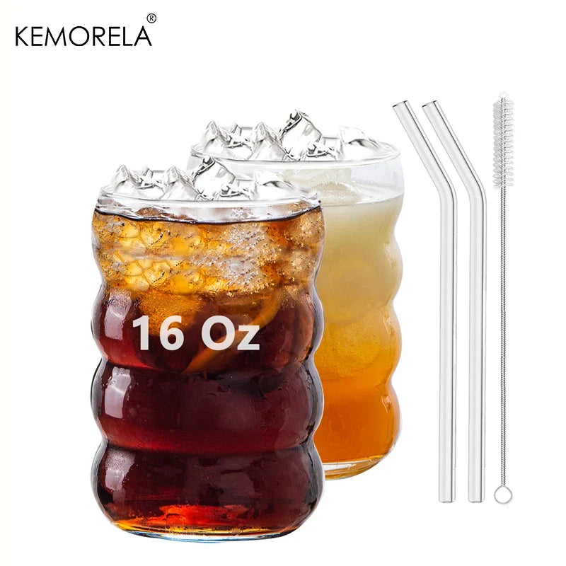 KEMORELA 16oz Glass Tumblers with Straws – Set of 4