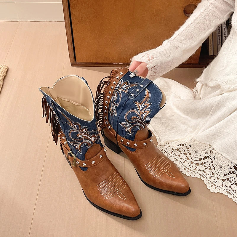 Women's Western Cowboy Boots – Embroidered Studded Block Heel