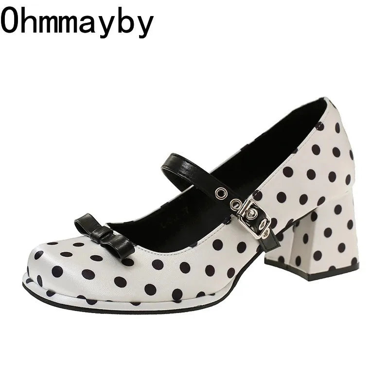 Vintage Polka Dot Mary Jane Pumps | Women's Square Heel Shoes