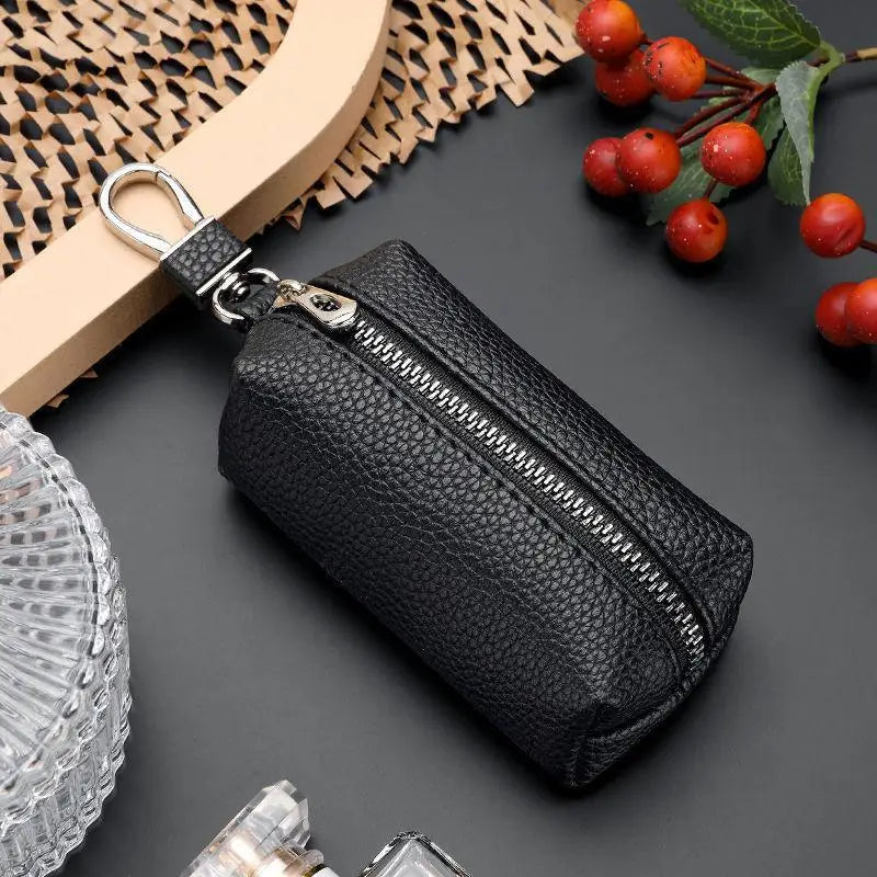Double Zipper PU Leather Key & Coin Pouch with Metal Clip