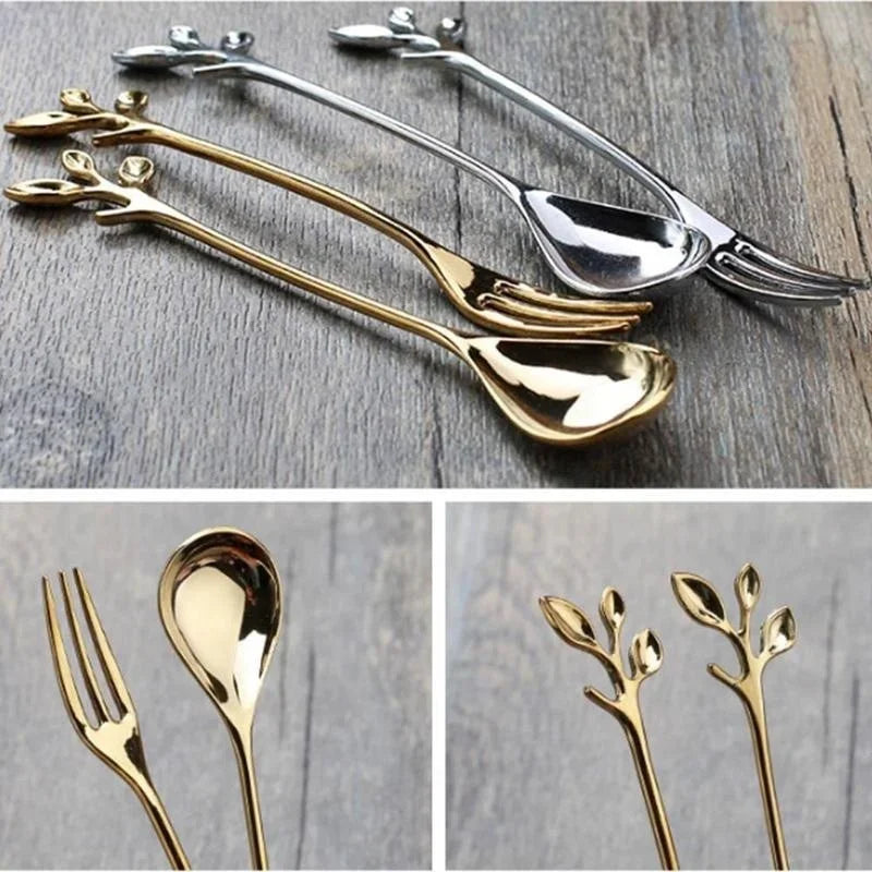 Leaf-Shaped Zinc Alloy Dessert Fork & Spoon | 12cm Cutlery