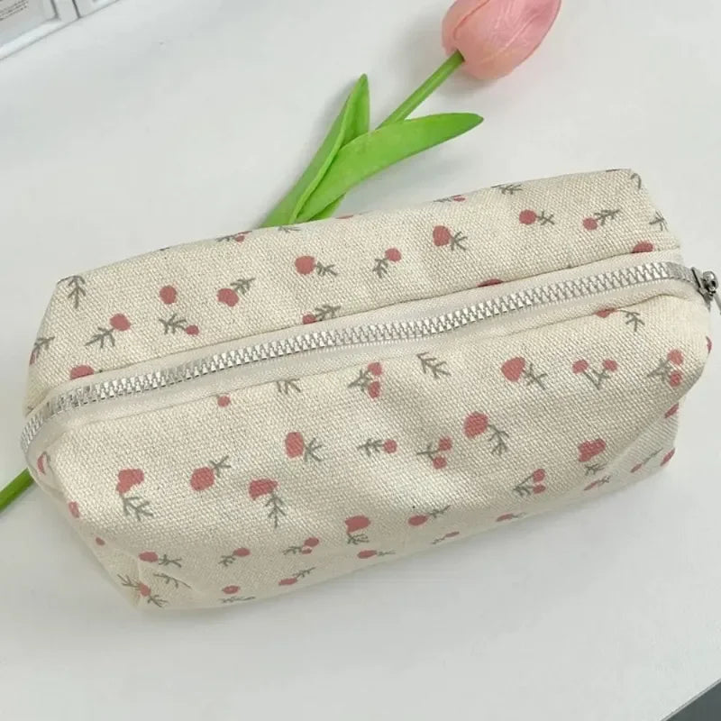 Floral Canvas Pencil Case – Large Capacity Stationery Organizer