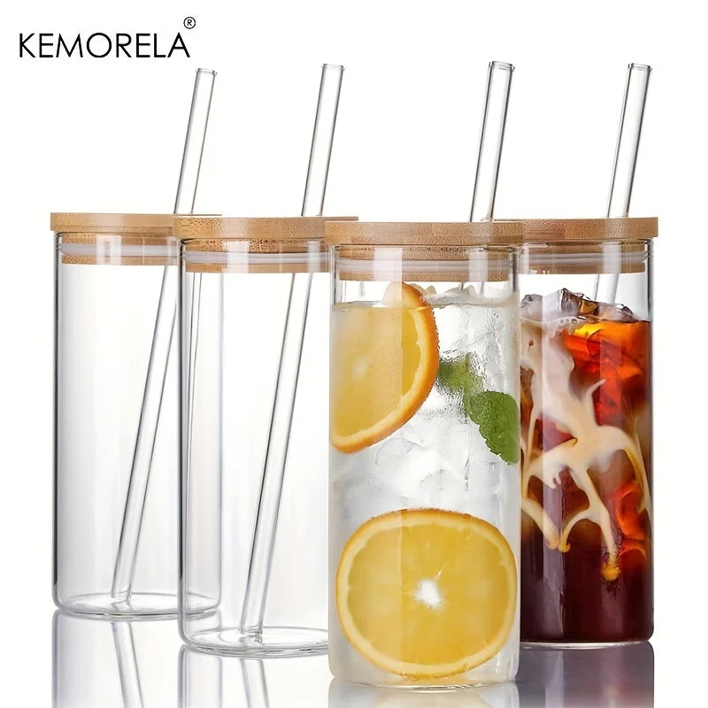 4-Pack 600ml Borosilicate Glass Tumblers with Bamboo Lids & Straws