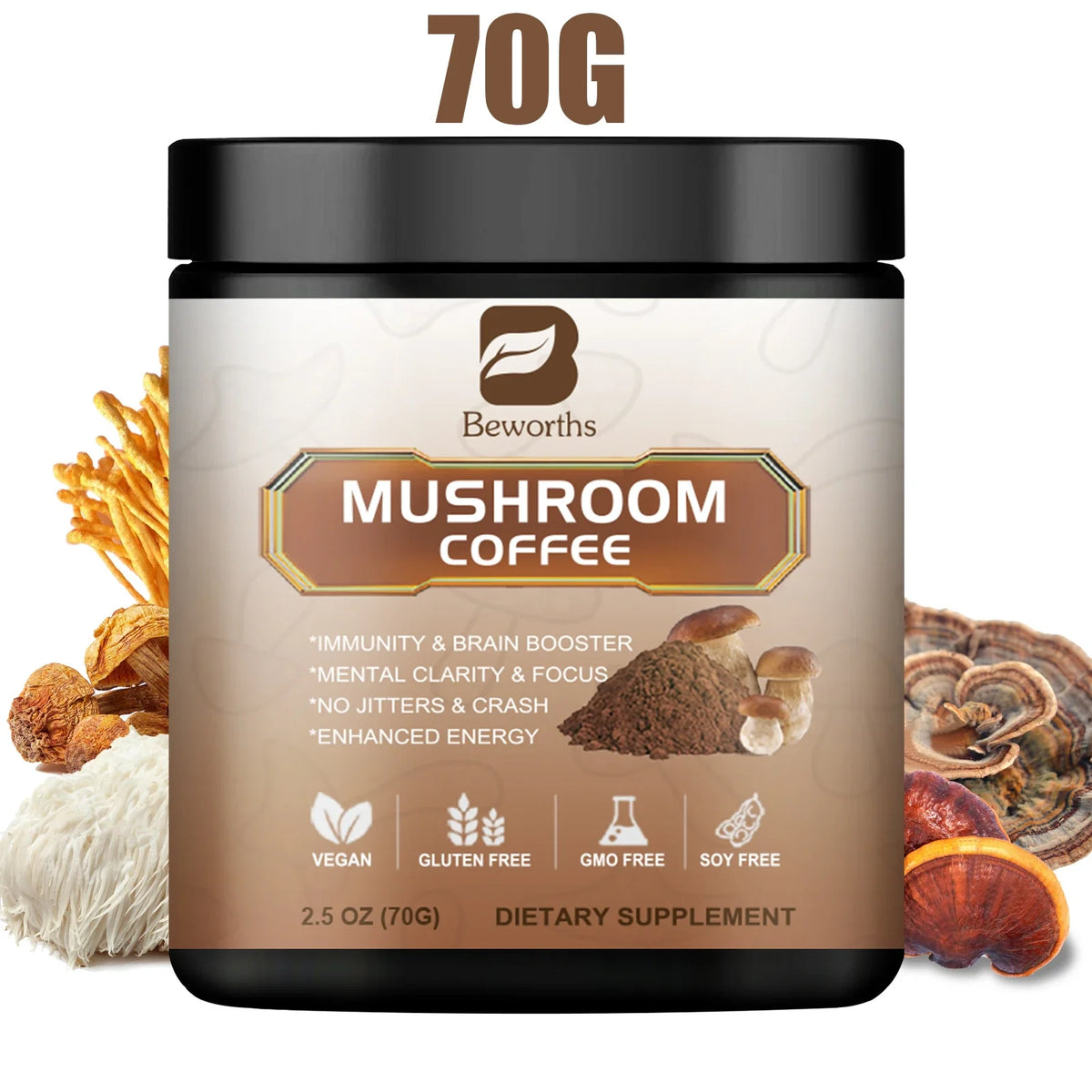 Beworths Mushroom Coffee – Lion's Mane & Reishi Blend 70g