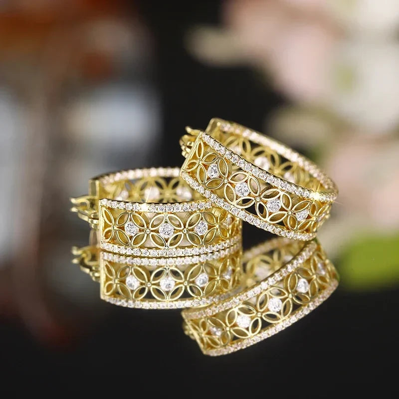 Huitan Gold CZ Hollow Flower Hoop Earrings | Bridal Jewelry
