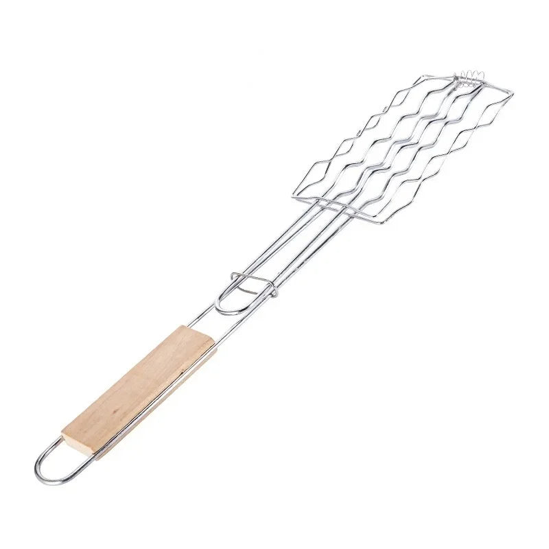 Hot Dog Grill Basket – 6-Sausage BBQ Rack with Wooden Handle