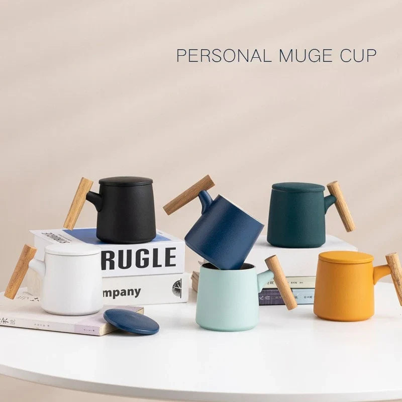 Office Wooden Handle Mug Japanese-style Ceramic Tea Cup Frosted Water