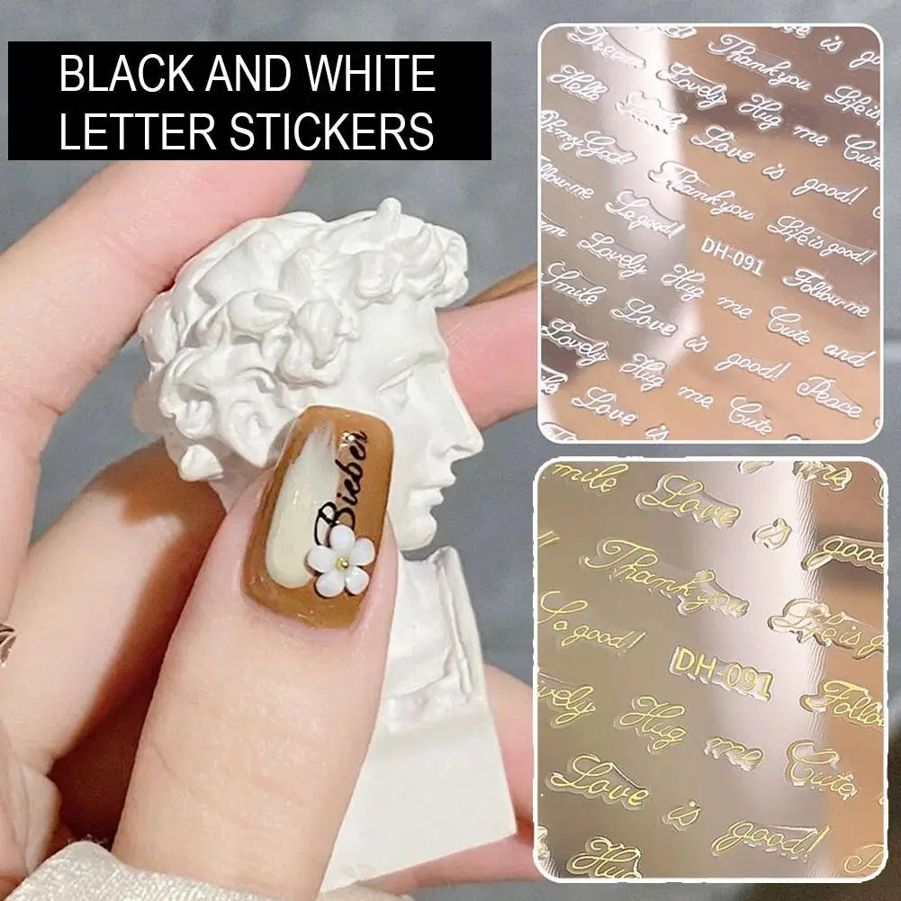 3D English Word Nail Art Stickers – Metallic Gold & Silver Decals