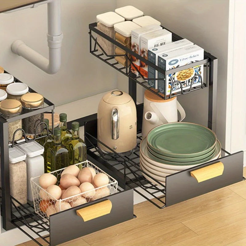 2-Tier Sliding Under Sink Organizer Rustproof Metal Storage Kitchen