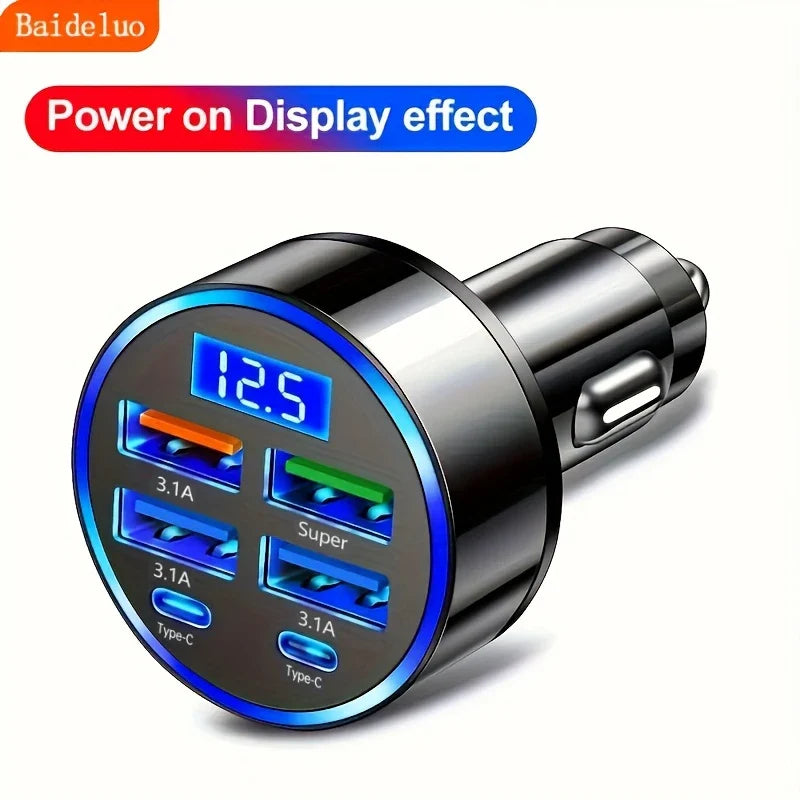 100W 6-Port Car Charger – USB-C PD & QC 3.0 Fast Charging