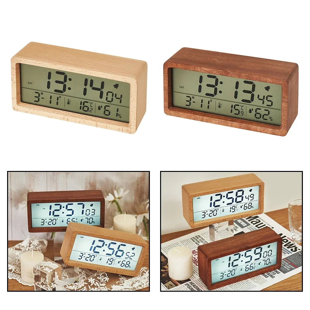 Wooden Digital Alarm Clock – Temp, Humidity & Date Display